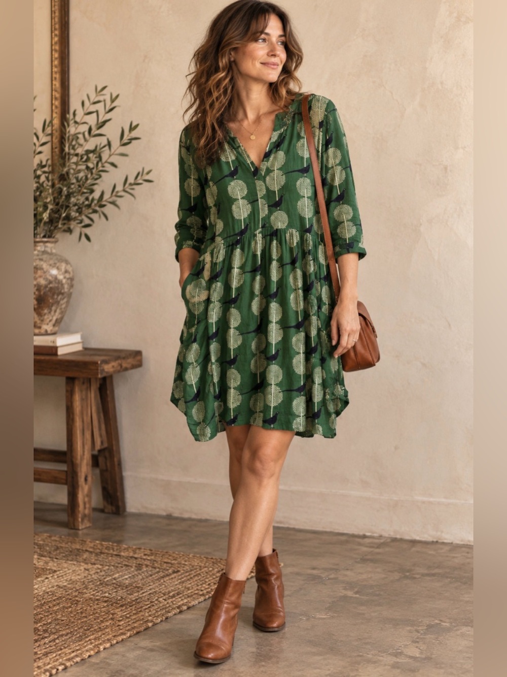 Maeve Green Printed V-Neck Tunic Top with Bird Motif